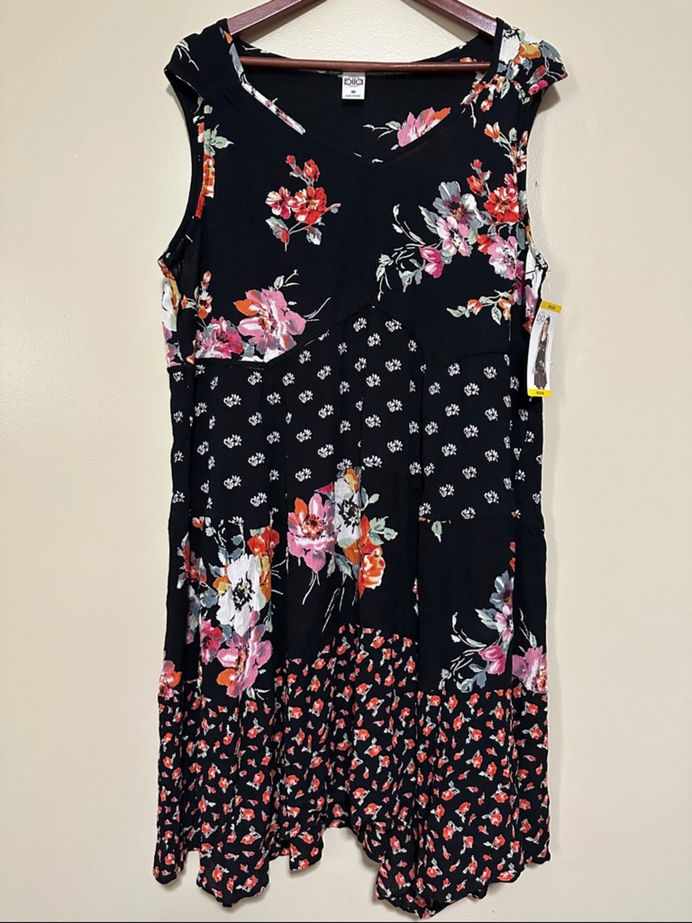 Bila Black Floral Patchwork Midi Dress with Pink & Red Blooms